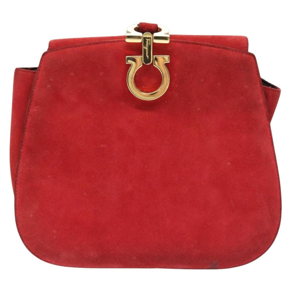 Salvatore Ferragamo Gancini Shoulder Bag Suede Red Gold Auth 131361