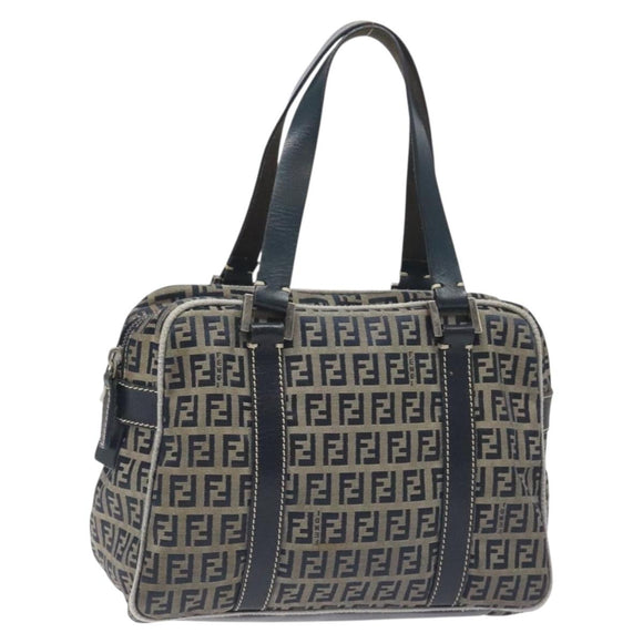 FENDI Zucchino Canvas Hand Bag Navy Silver Auth 131365