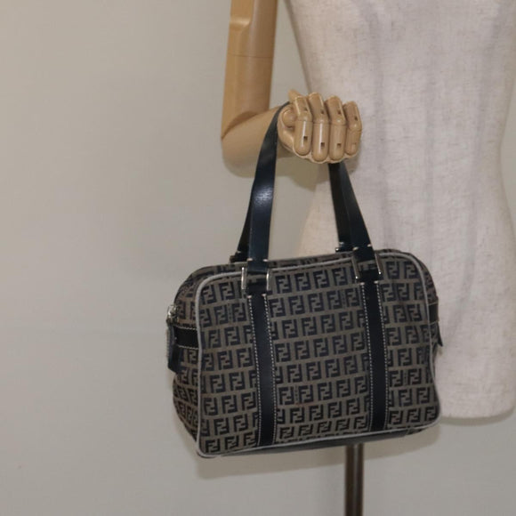 FENDI Zucchino Canvas Hand Bag Navy Silver Auth 131365