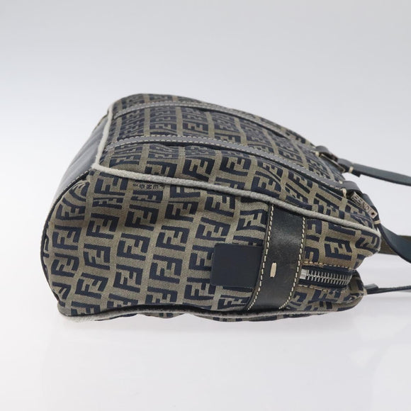 FENDI Zucchino Canvas Hand Bag Navy Silver Auth 131365