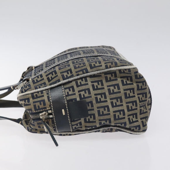 FENDI Zucchino Canvas Hand Bag Navy Silver Auth 131365