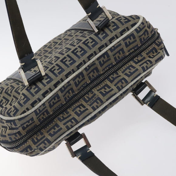 FENDI Zucchino Canvas Hand Bag Navy Silver Auth 131365