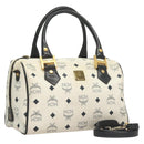 MCM Logogram Vicetos Boston Bag PVC Leather 2way White Gold Auth 131369-1