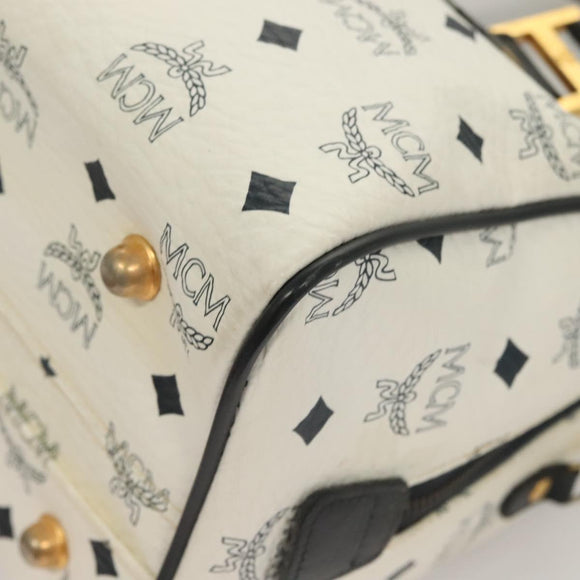 MCM Logogram Vicetos Boston Bag PVC Leather 2way White Gold Auth 131369