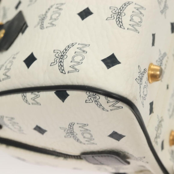 MCM Logogram Vicetos Boston Bag PVC Leather 2way White Gold Auth 131369