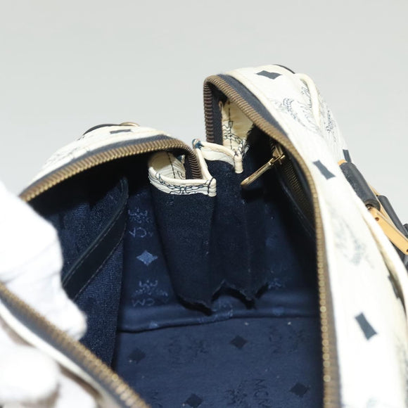 MCM Logogram Vicetos Boston Bag PVC Leather 2way White Gold Auth 131369