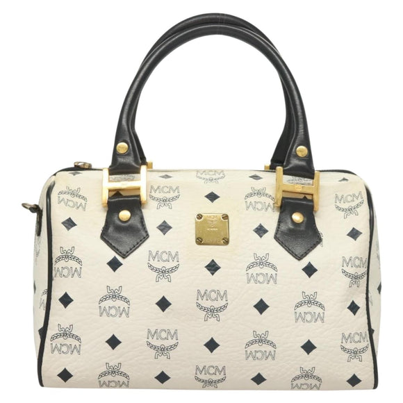 MCM Logogram Vicetos Boston Bag PVC Leather 2way White Gold Auth 131369