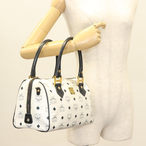 MCM Logogram Vicetos Boston Bag PVC Leather 2way White Gold Auth 131369