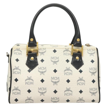 MCM Logogram Vicetos Boston Bag PVC Leather 2way White Gold Auth 131369 - 0