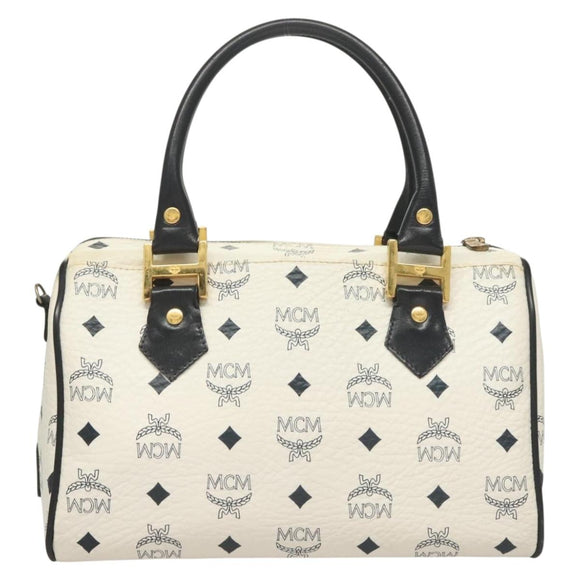 MCM Logogram Vicetos Boston Bag PVC Leather 2way White Gold Auth 131369