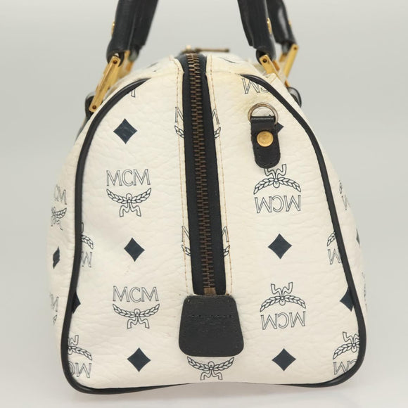 MCM Logogram Vicetos Boston Bag PVC Leather 2way White Gold Auth 131369