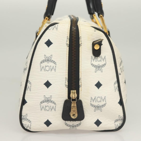 MCM Logogram Vicetos Boston Bag PVC Leather 2way White Gold Auth 131369