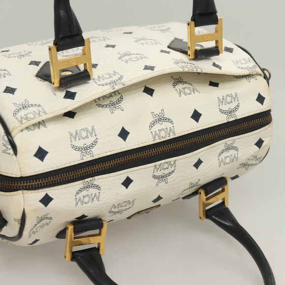 MCM Logogram Vicetos Boston Bag PVC Leather 2way White Gold Auth 131369