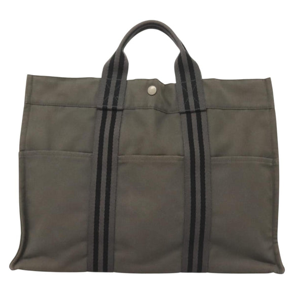HERMES Fourre Tout MM Hand Bag Canvas Gray Silver Auth 131380