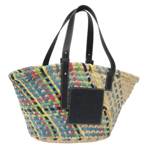 LOEWE Basket Bag Large Anagram Bag Raffia Leather Beige Multicolor Auth 131384M
