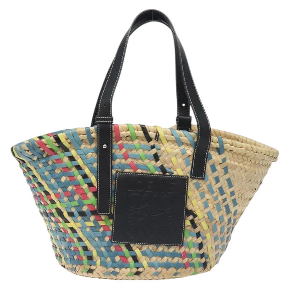 LOEWE Basket Bag Large Anagram Bag Raffia Leather Beige Multicolor Auth 131384M