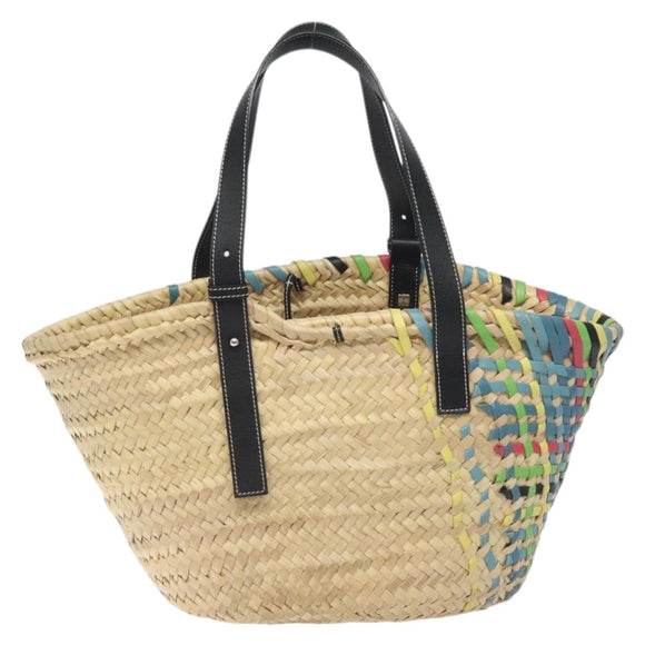 LOEWE Basket Bag Large Anagram Bag Raffia Leather Beige Multicolor Auth 131384M