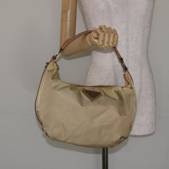PRADA Shoulder Bag Nylon Leather Beige Silver Auth 131422