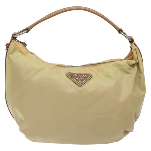PRADA Shoulder Bag Nylon Leather Beige Silver Auth 131422