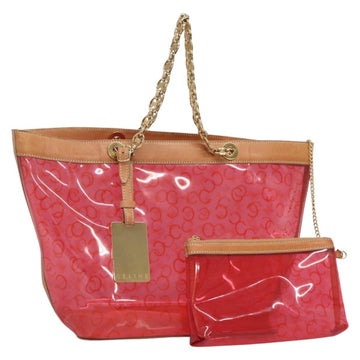 CELINE Chain C Macadam Canvas Tote Bag Vinyl Red Gold Auth 131432