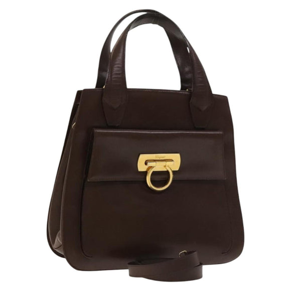 Salvatore Ferragamo Gancini Hand Bag Leather 2way Brown Gold Auth 131461