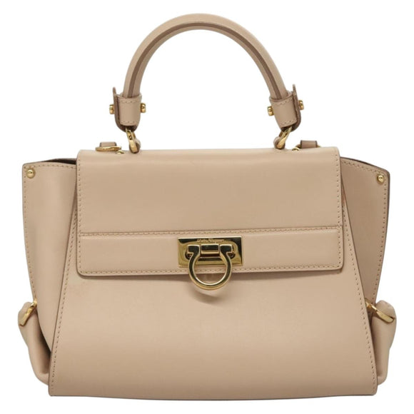 Salvatore Ferragamo Gancini Sofia Hand Bag Leather 2way Beige Gold Auth 131462