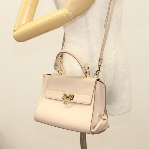 Salvatore Ferragamo Gancini Sofia Hand Bag Leather 2way Beige Gold Auth 131462