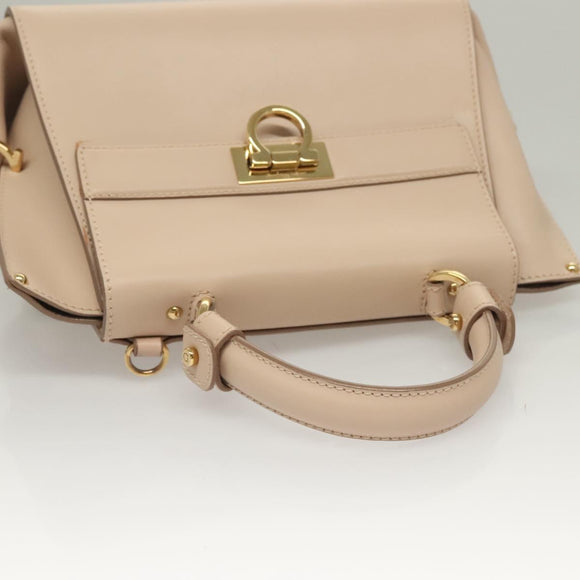Salvatore Ferragamo Gancini Sofia Hand Bag Leather 2way Beige Gold Auth 131462