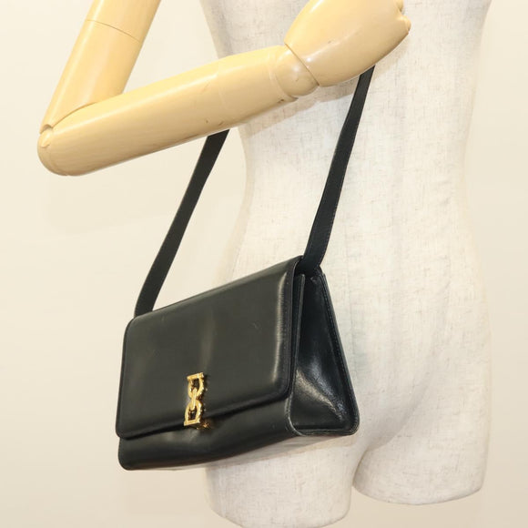 Salvatore Ferragamo Gancini Shoulder Bag Leather Navy Gold Auth 131463