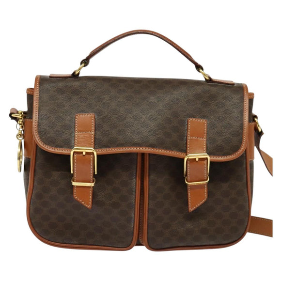 CELINE Macadam Canvas Hand Bag PVC Leather 2way Brown Gold Auth 131464