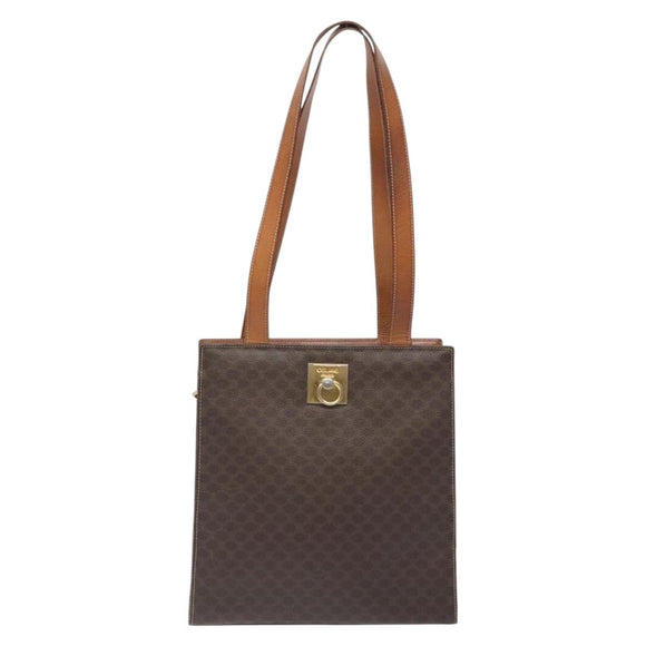 CELINE Macadam Canvas Shoulder Bag PVC Leather Brown Gold Auth 131465