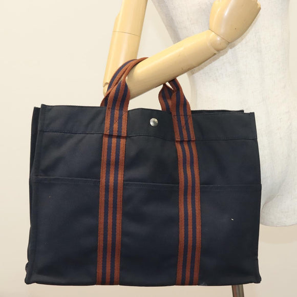 HERMES Fourre Tout GM Hand Bag Canvas Navy Silver Auth 131468