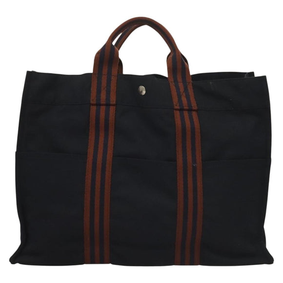 HERMES Fourre Tout GM Hand Bag Canvas Navy Silver Auth 131468