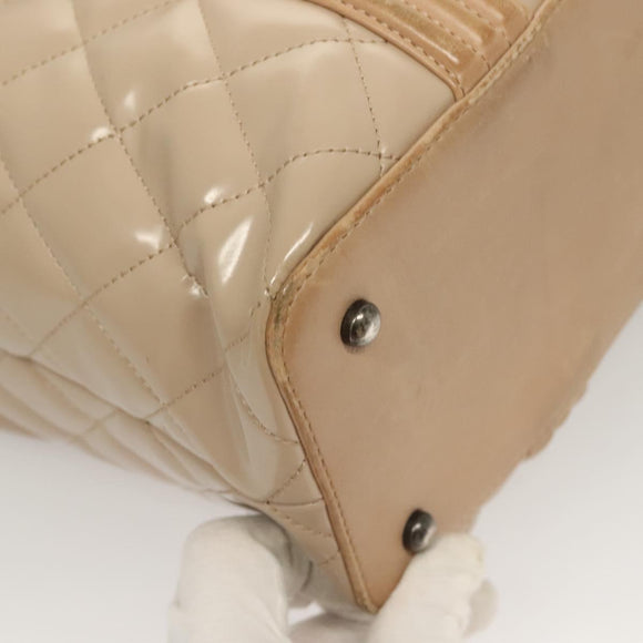 CHANEL Matelasse Boy Chanel Hand Bag Patent leather Beige CC Auth 131470