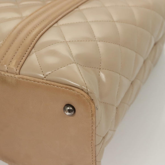 CHANEL Matelasse Boy Chanel Hand Bag Patent leather Beige CC Auth 131470