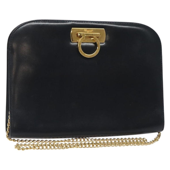 Salvatore Ferragamo Gancini Chain Shoulder Bag Leather Black Gold Auth 131607