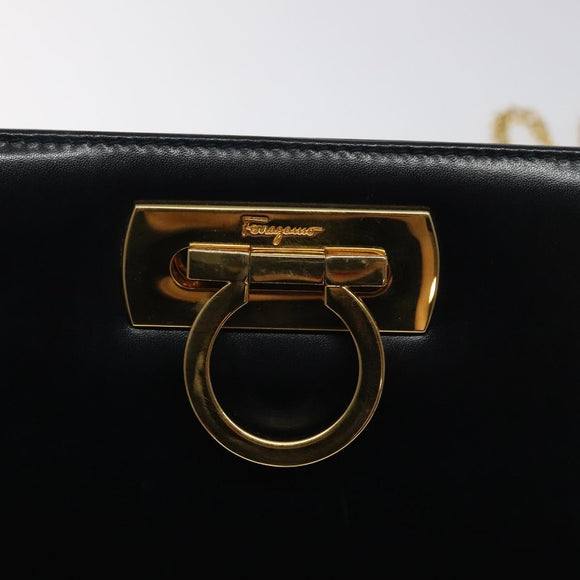 Salvatore Ferragamo Gancini Chain Shoulder Bag Leather Black Gold Auth 131607