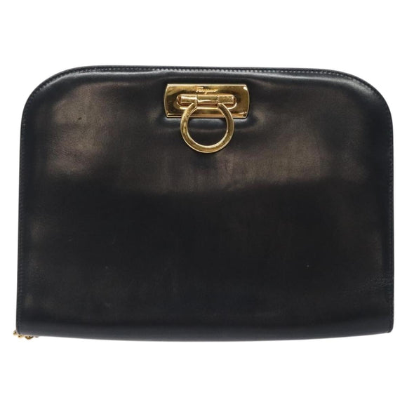 Salvatore Ferragamo Gancini Chain Shoulder Bag Leather Black Gold Auth 131607