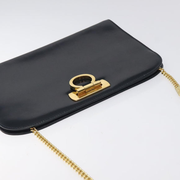 Salvatore Ferragamo Gancini Chain Shoulder Bag Leather Black Gold Auth 131607
