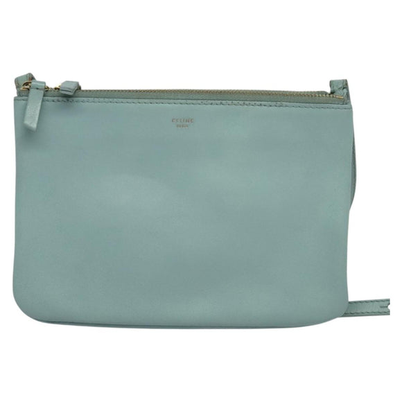 CELINE Trio Shoulder Bag Leather Light Blue Gold Auth 131611