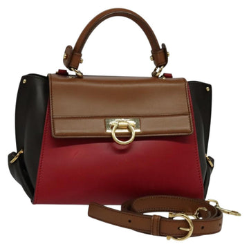 Salvatore Ferragamo Gancini Hand Bag Leather 2way Red Gold Auth 131642