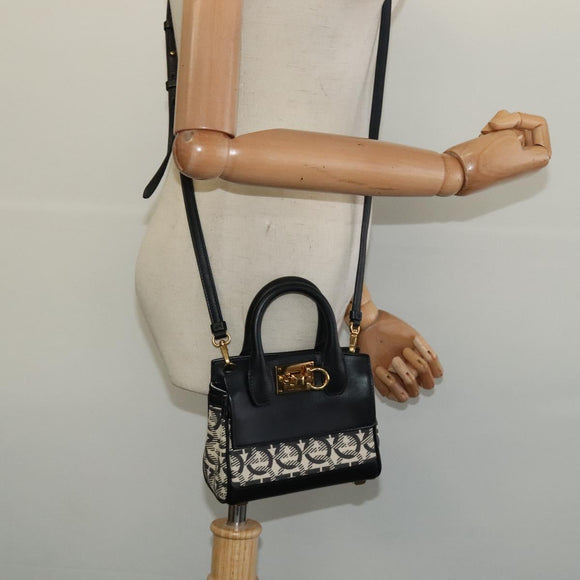 Salvatore Ferragamo Gancini Hand Bag Leather 2way Black Gold Auth 131643