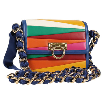 Salvatore Ferragamo Gancini Chain Shoulder Bag Leather Blue Gold Auth 131644M