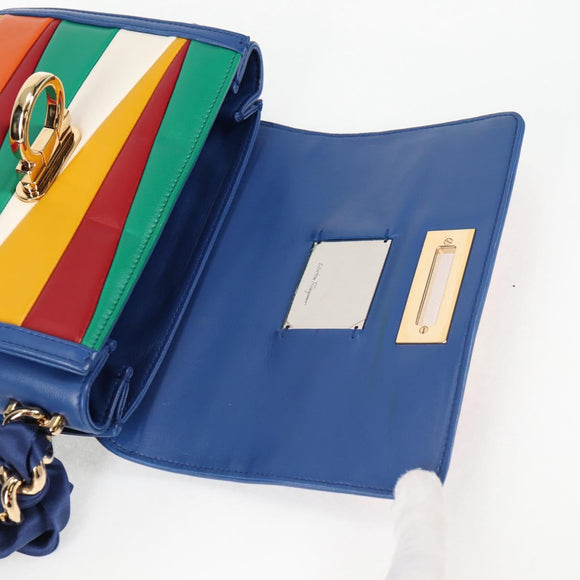 Salvatore Ferragamo Gancini Chain Shoulder Bag Leather Blue Gold Auth 131644M