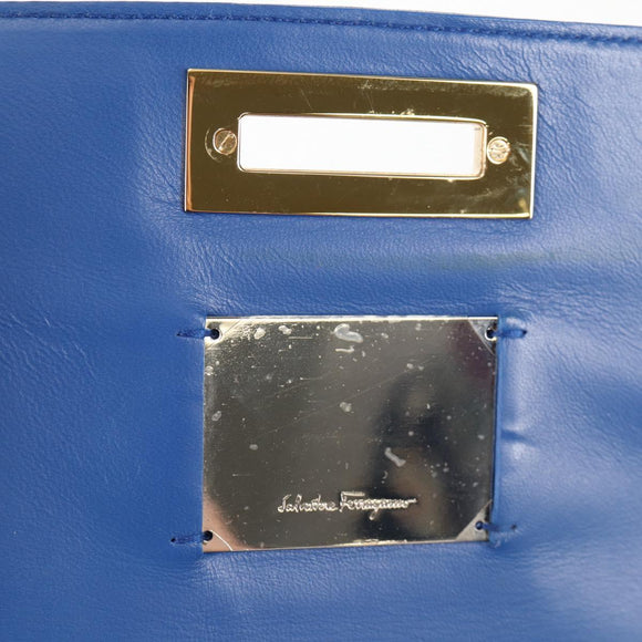 Salvatore Ferragamo Gancini Chain Shoulder Bag Leather Blue Gold Auth 131644M