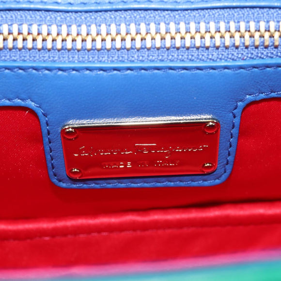 Salvatore Ferragamo Gancini Chain Shoulder Bag Leather Blue Gold Auth 131644M