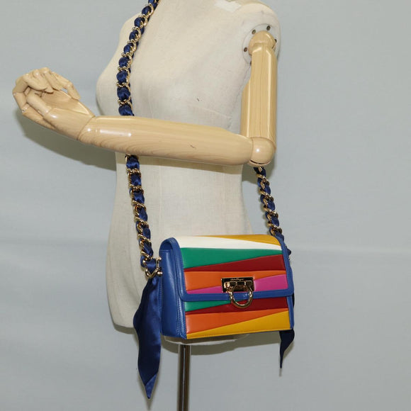 Salvatore Ferragamo Gancini Chain Shoulder Bag Leather Blue Gold Auth 131644M