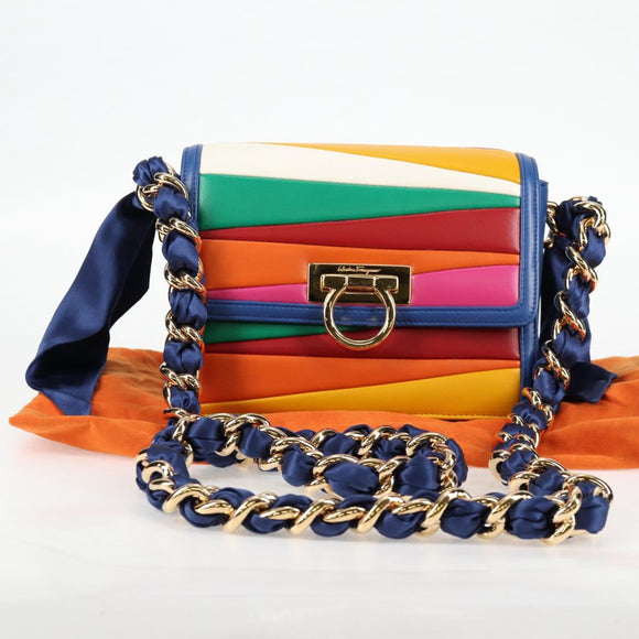 Salvatore Ferragamo Gancini Chain Shoulder Bag Leather Blue Gold Auth 131644M