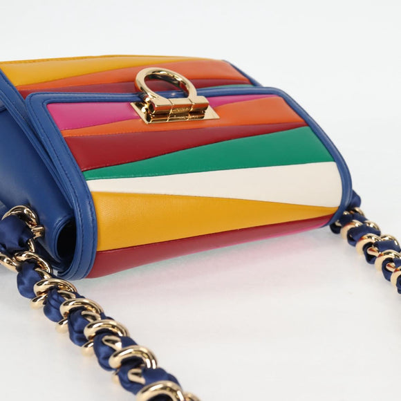 Salvatore Ferragamo Gancini Chain Shoulder Bag Leather Blue Gold Auth 131644M