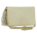 CHANEL Matelasse Chain Shoulder Bag Lamb Skin White Gold CC Auth 131655-1